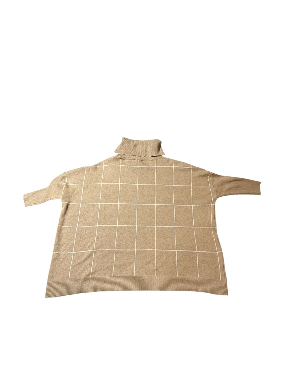 LOFT Tan Windowpane Grid Turtleneck Sweater Small Oversized Boxy Rib Knit Top